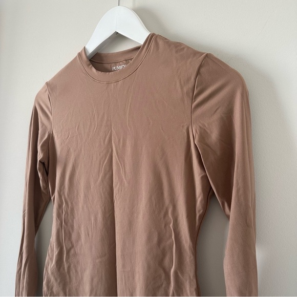 Pumiey Women's Long Sleeve T Shirt Crew Neck Slim Fit Top Basic Tee Nude Brown - Picture 4 of 10